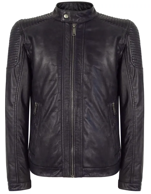 Slim Navy Washed Leather Jacket Nehru Grandad Collar - TruClothing