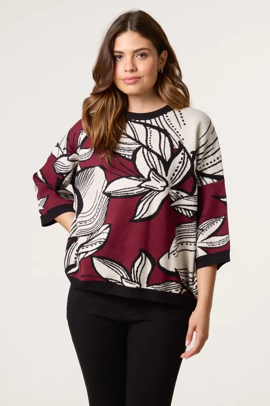 Wine Flower Pattern Jumper - Blue Vanilla