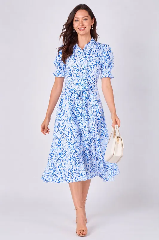 Blue Leaf Print Tie Waist Midi Dress - Love Sunshine
