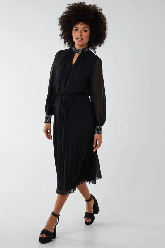Diamante Collar Pleated Skirt Midi Dress - Blue Vanilla