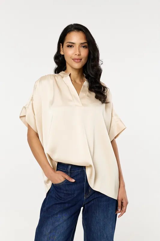 Cream Satin V-Neck Short Sleeve Top