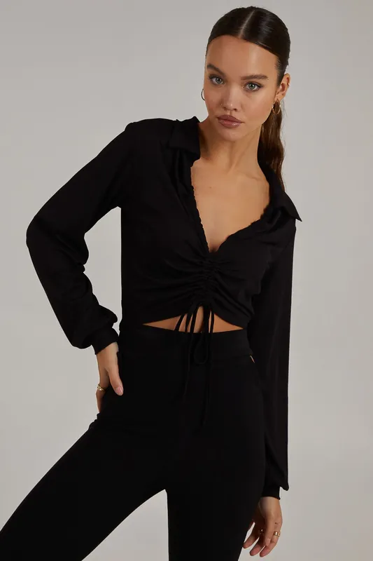 Ribbed Ruched Long Sleeve Collard T-Shirt