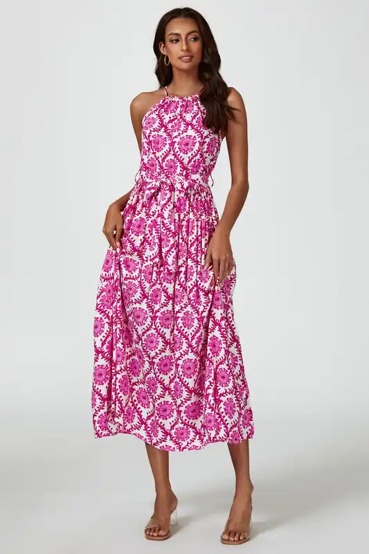 Floral Print Tie Halterneck Maxi Dress In Pink - FS Collection