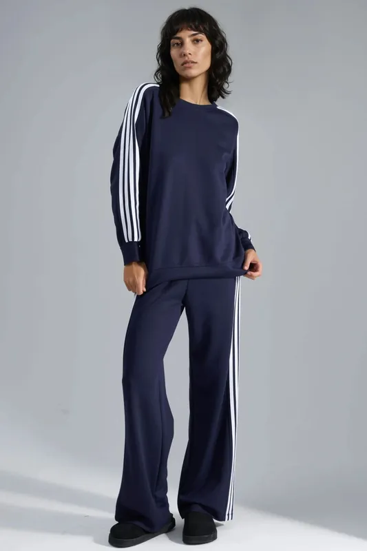 Striped Crew Neck Sweatshirt & Straight Leg Pants Coord - Hiccup
