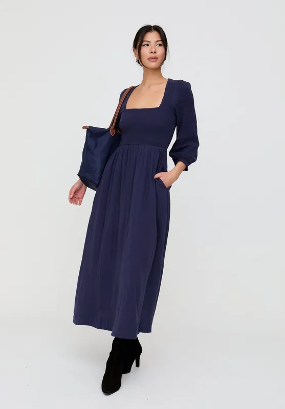 Shirred Bodice Maxi Dress In Navy - Lily and Lionel