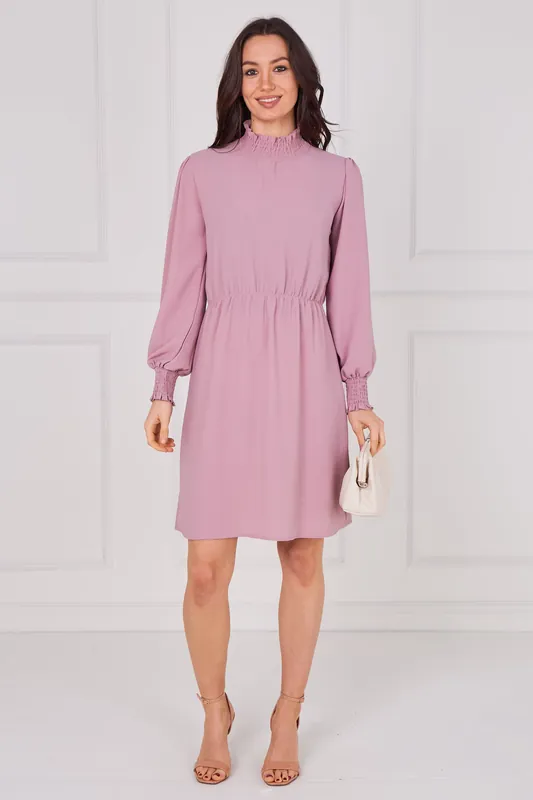 Dusty Rose Shirred Neck Long Sleeve Dress - Love Sunshine