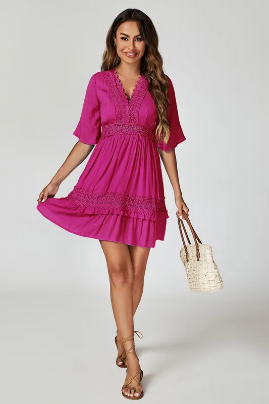 V Neck Lace Mini Dress - FS Collection