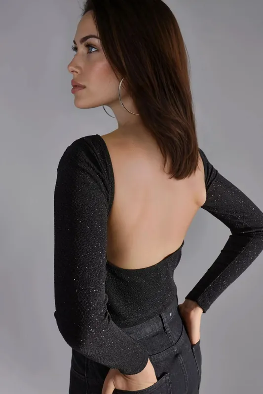Shiny Boat Neck Cropped Blouse - Busem
