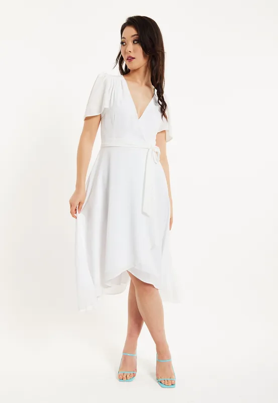 Crepe White Angel Sleeve Wrap Dress In White - Liquorish
