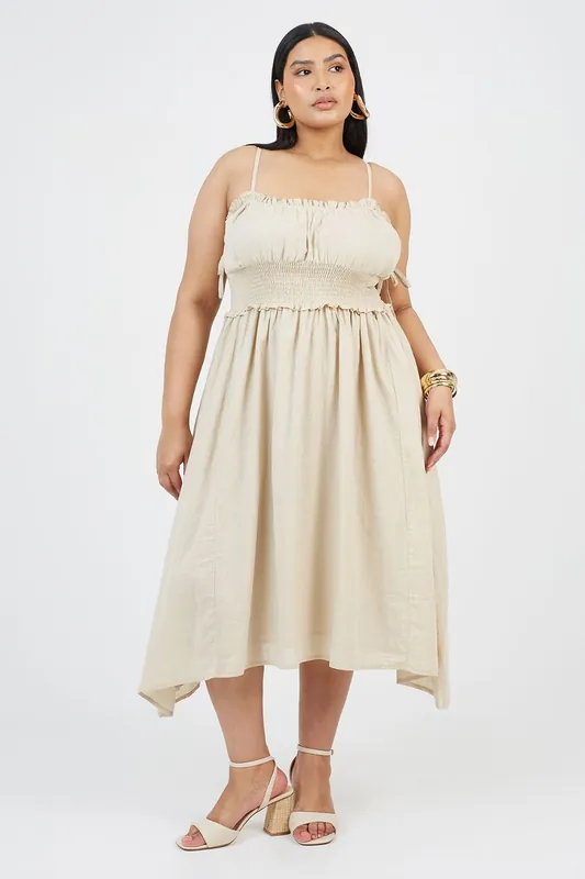 Curve Strappy Shirred Hankerchief Hem Midi Dress - Brave Soul