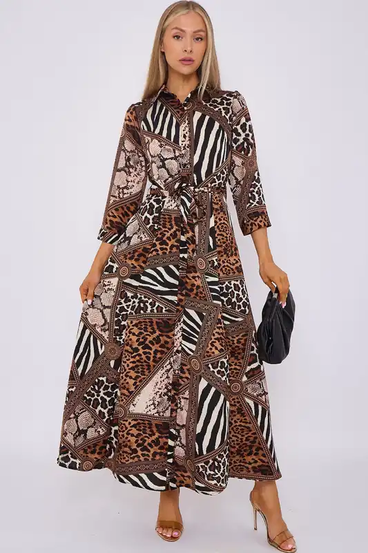 Mixed Brown Leopard Print Satin Maxi Shirt Dress - Love Sunshine