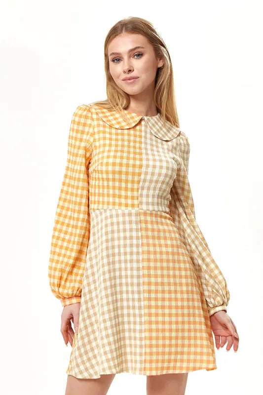 Orange Check Mini Dress With Collar - Liquorish