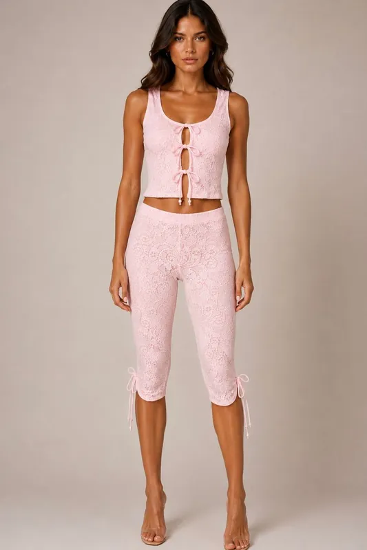 Lace Tie-Front Cropped Top and Capri Legging Co-Ord Set