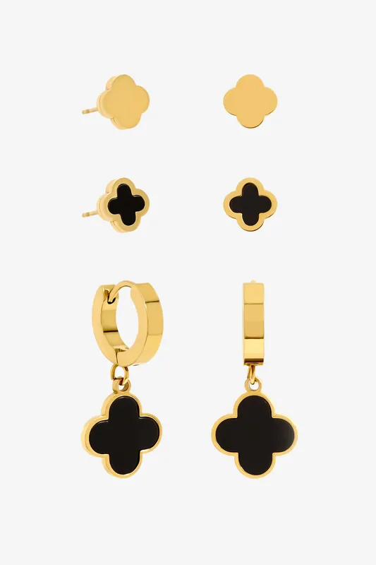 Gold Plated Waterproof Clover Earrings - Pack of 3