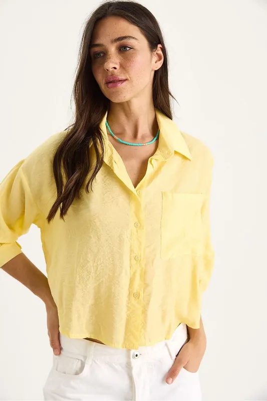Textured Crop Shirt with Button Closure and Pocket - Bianco Lucci