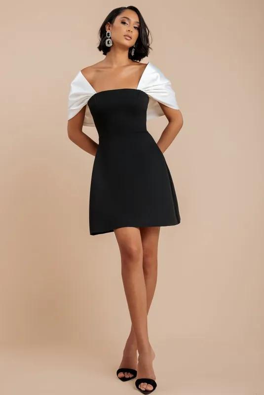 Contrast Off Shoulder Back Satin Bow Scuba Mini Dress - Goddiva