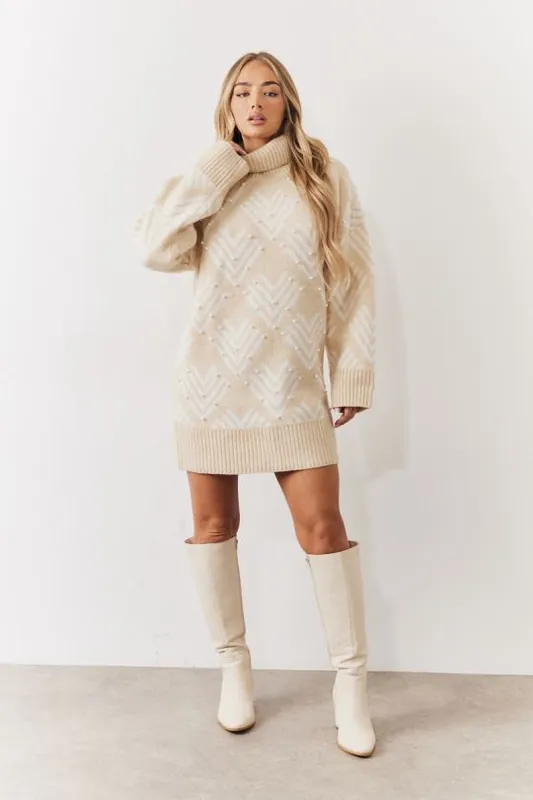 Stone Pearl Embellished Stone Roll Neck Fairisle Knitted Jumper Dress - In The Style