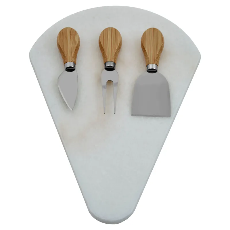 White Fan-Shaped Marble Cheese Board With 3 Knives, Durable Natural Stone Serving Board