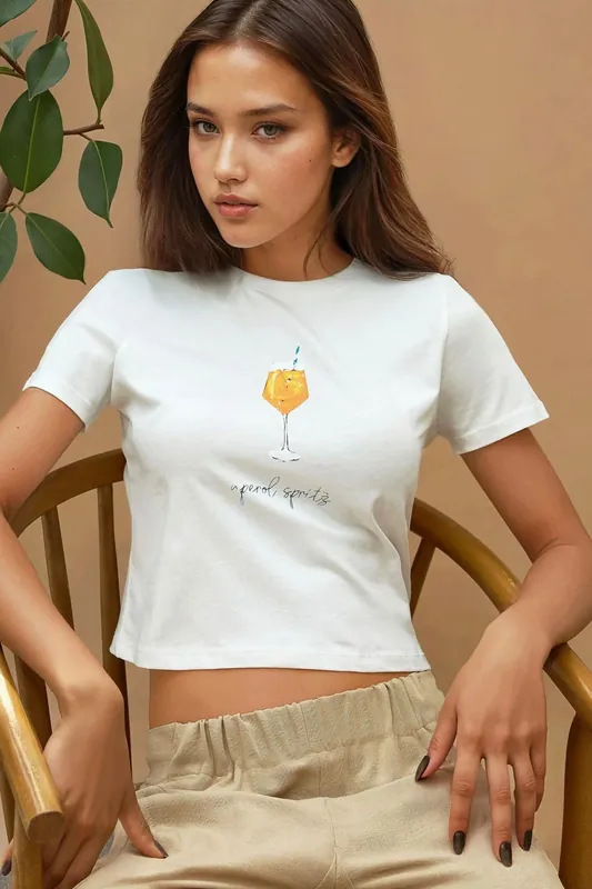 Printed Regular Fit Crew Neck 100% Cotton Crop T-shirt