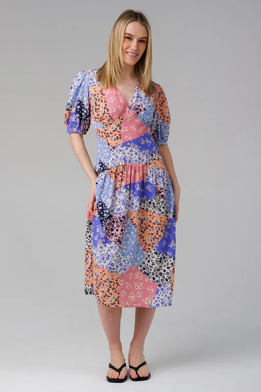 Puff Sleeve Printed V-Neck Midi Dress