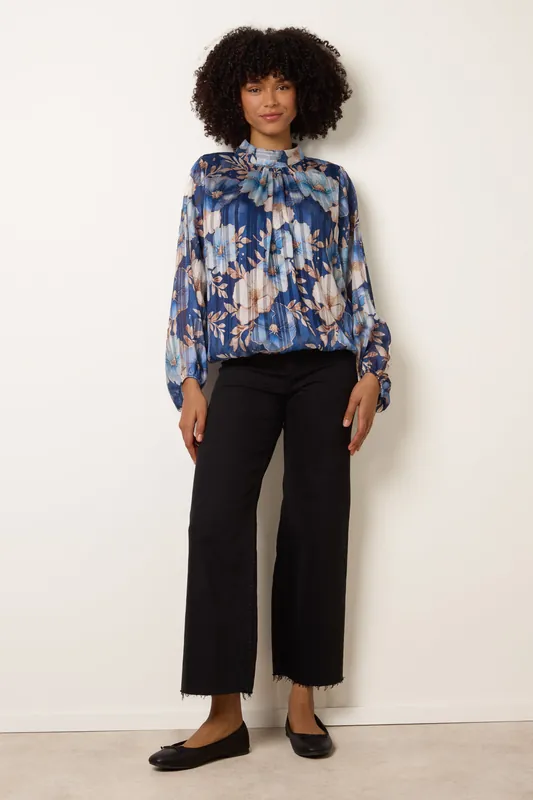Navy Floral Metallic Puffball Top - Blue Vanilla
