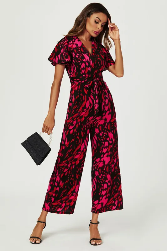 Pink Abstract Print Wrap Top Jumpsuit In Black - FS Collection