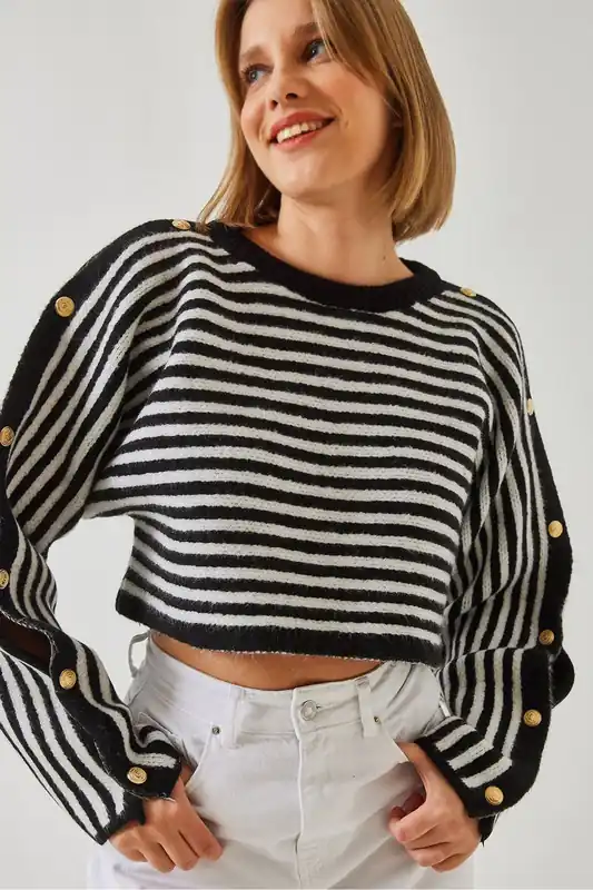 Striped Crop Sweater with Button Detail - Bianco Lucci