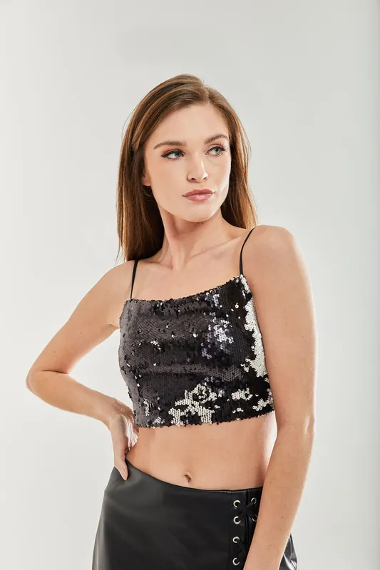 Liquorish Black Sequin Crop Top