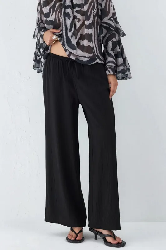 Wide Leg Elastic Waist Pants with Pockets - Busem