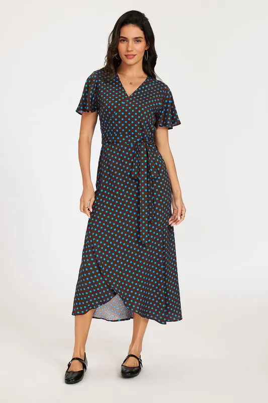 Brown & Blue Polka Dot Print Wrap Dress - FS Collection