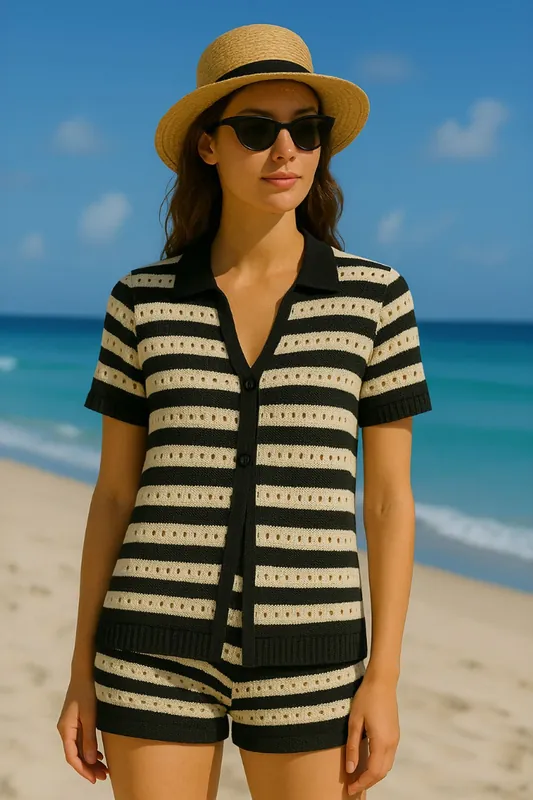 Stripe Crochet Knit Button Cardigan Top and Micro Shorts Co-ord