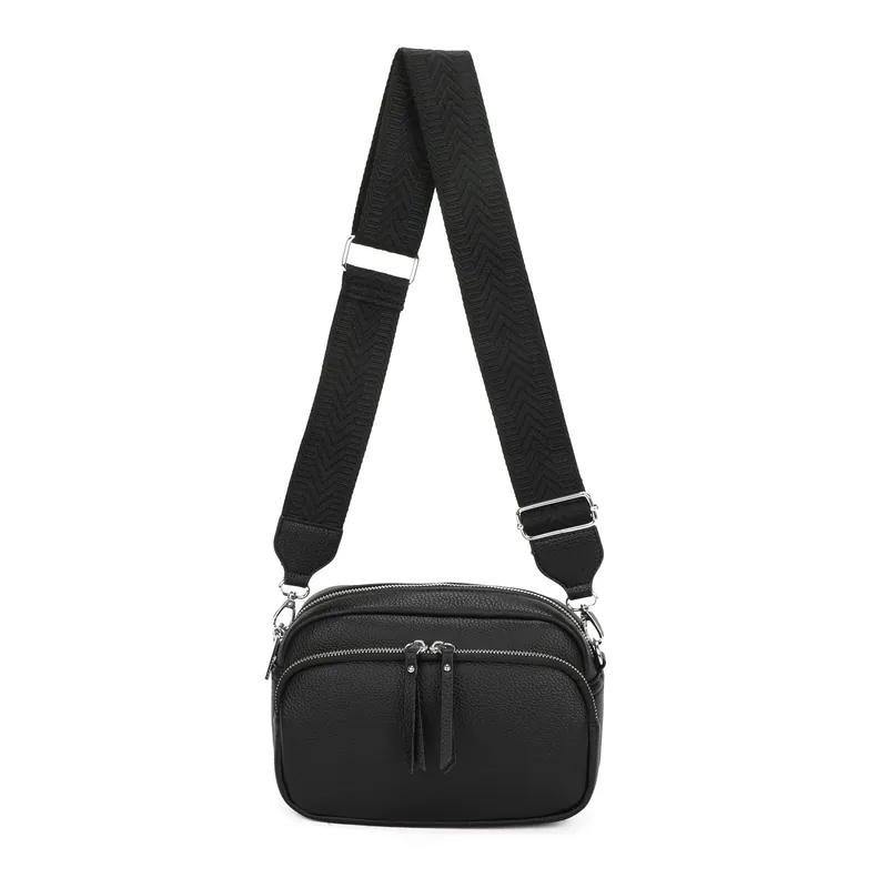 Large Front Zip Small Camera Crossbody Bag Wide Canvas Strap - Kitise