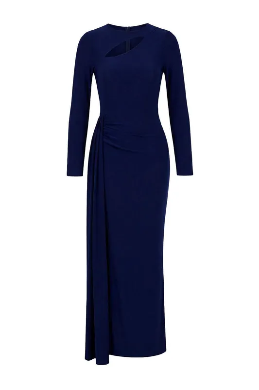 Cut Out Detail Long Sleeve Maxi Evening Dress - WOVCOR
