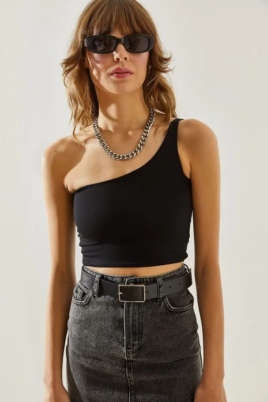 Asymmetrical Collar Fitted Crop Top - Bianco Lucci