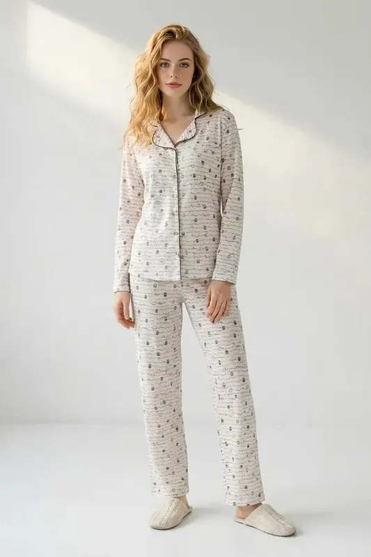 Animal Print Piped Revere Collar Long Sleeve Pyjama Set - WOVCOR