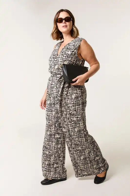 Multi Curve Sleeveless Belted Jumpsuit - Blue Vanilla