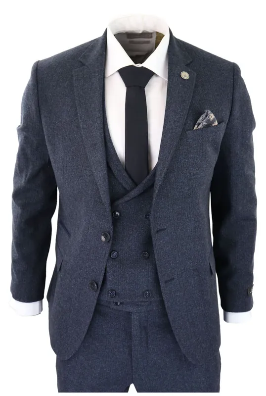 3 Piece Tweed Suit Blue Herringbone - TruClothing