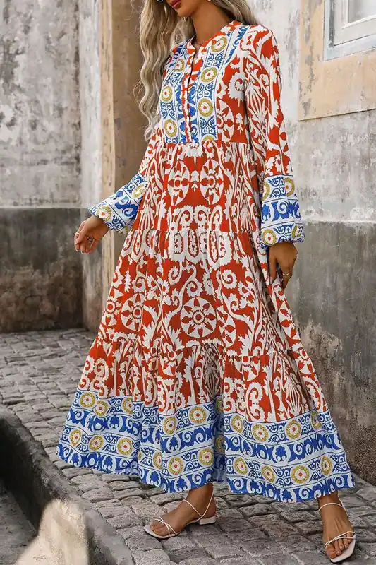 Orange Boho Geometric Printed Long Sleeve Maxi Dress - Everyday The Label