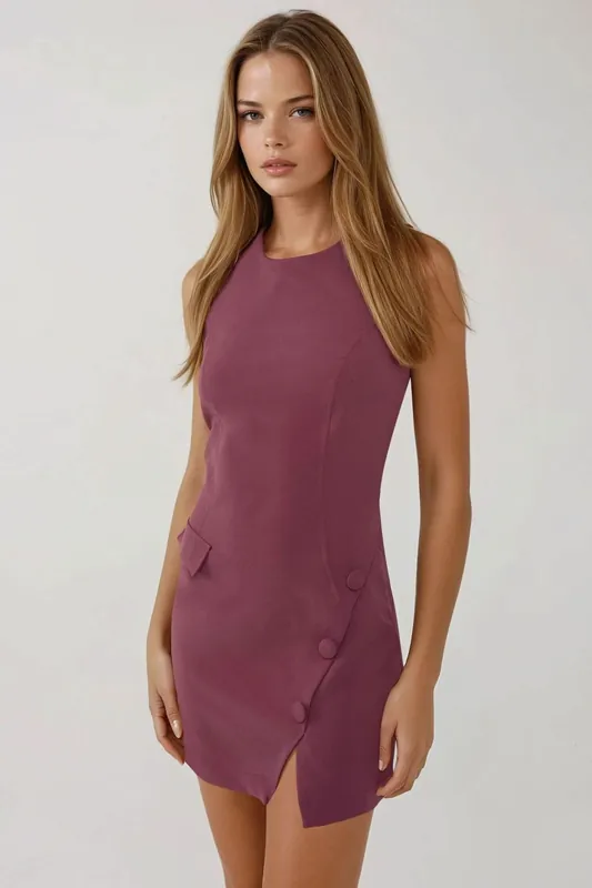 Fitted Crew Neck Mini Dress with Buttons - Hiccup
