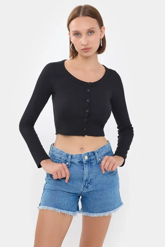 Round Neck Woven Top with Button Detail - Hiccup