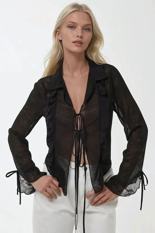 V-Neck Tie-Detail Long Sleeve Ruffle Blouse with Bow