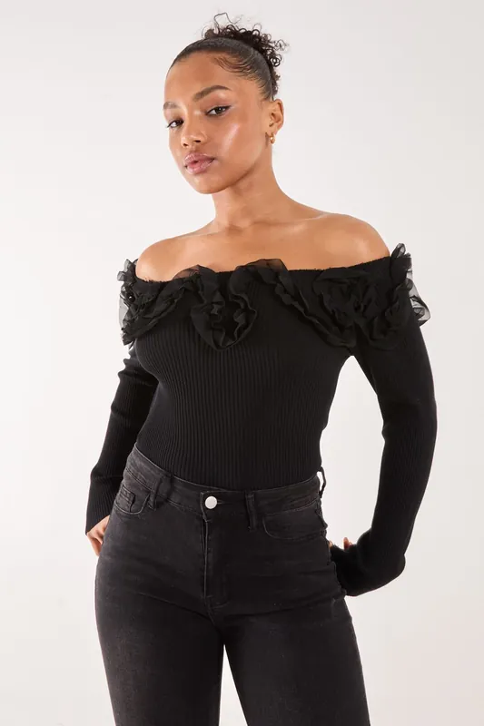 Ruffle Bardot Knit Top - Pink Vanilla