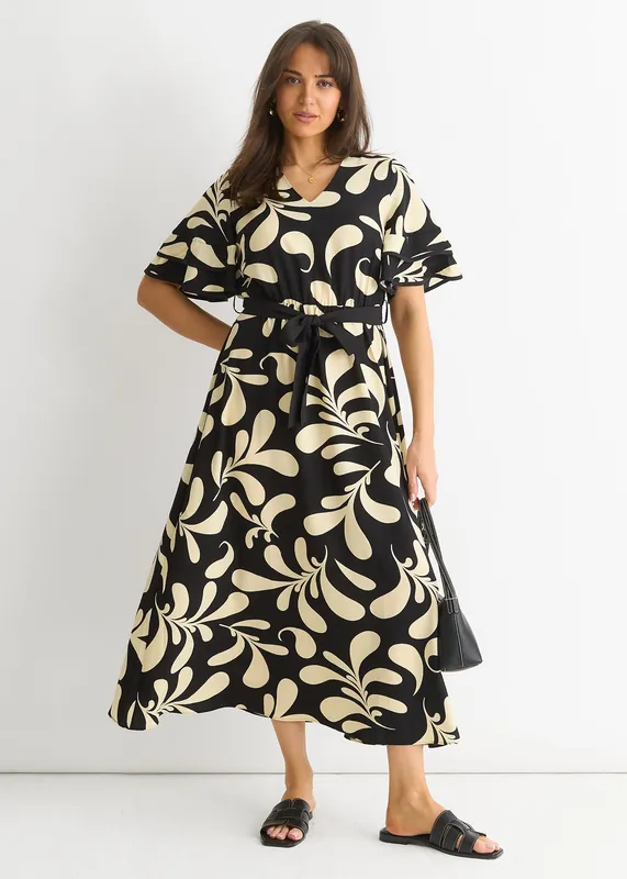 Floral V Neck Elasticated Waist Midi Dress - Gini London