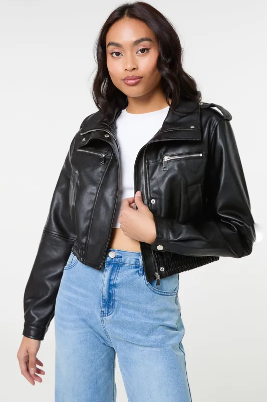Black Pocket Detail PU Cropped Bomber Jacket - Pink Vanilla