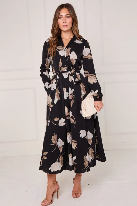 Black and Taupe Magnolia Print Maxi Shirt Dress - Love Sunshine