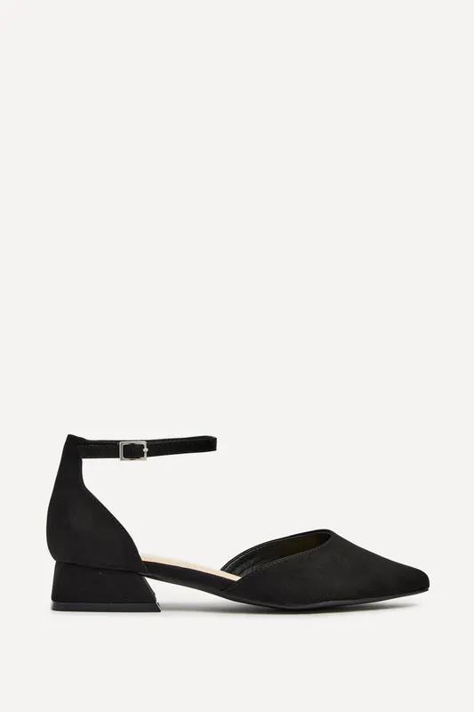 Dolly Wide Fit Black Faux Suede Low Block Court Heel - Linzi