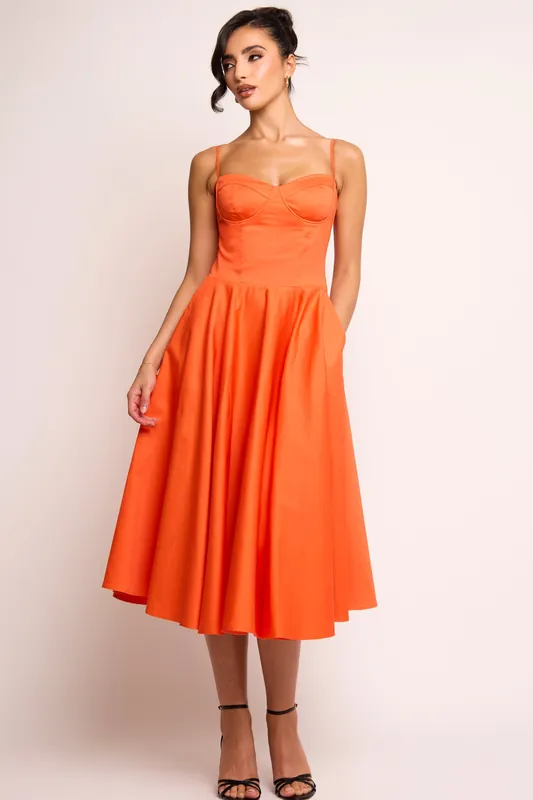 Jade Corset Midi Dress in Showgirl Orange - Jaded Rose