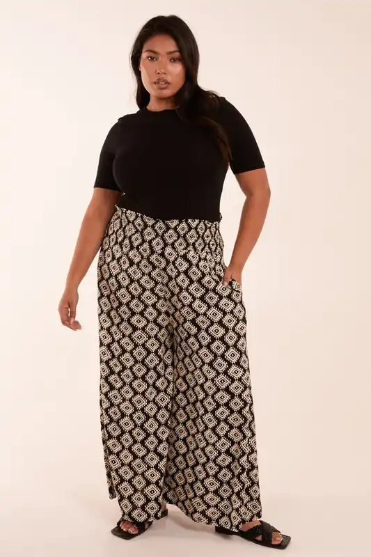 Curve Shirred Wide Leg Aztec Trouser - Blue Vanilla