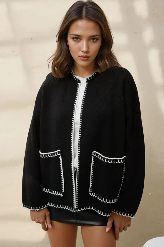 Stitch Detailed Long Knit Cardigan - Hiccup
