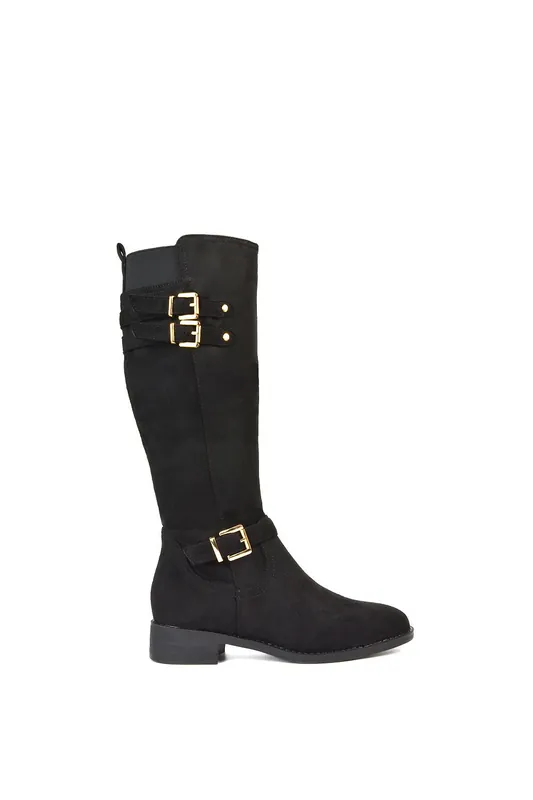 Amy' Knee High Elasticated Flat Biker Calf Boots with Buckles - XY London